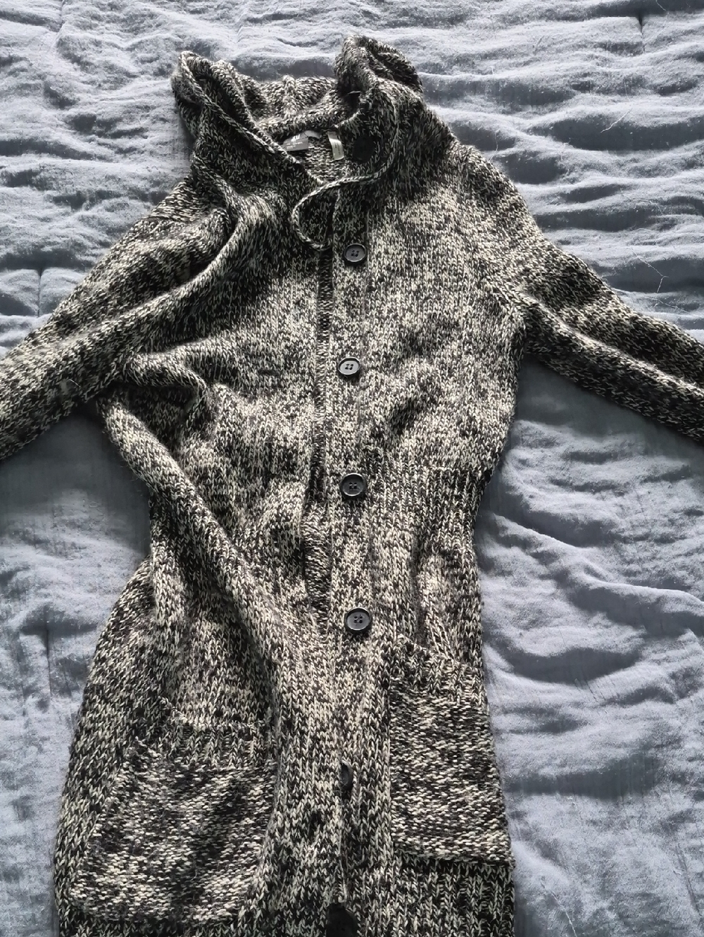 H&M Marled Hooded Button-Front Knit Cardigan - Black & White